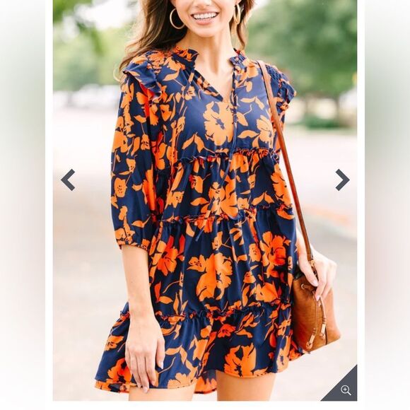 NWT Umgee Midnight Mix Tiered Floral Print 3/4 Sleeve Ruffle Neck Tie Dress - Picture 1 of 6